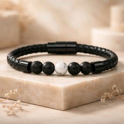Lava stone and white agate leather bracelet