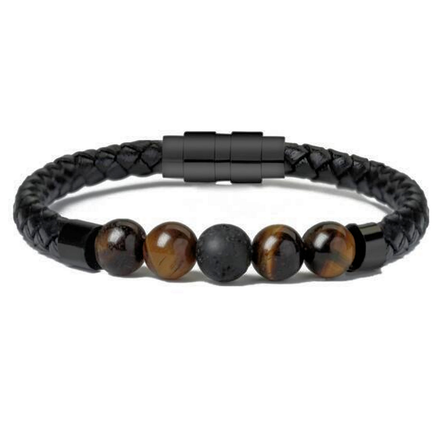 Men's Layered Braided Leather Beaded Bracelet With Tiger Eye, Natural Stone